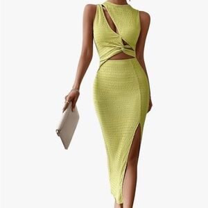 Green Cut Out Twist Dress Sleeveless Pencil Split Club Bodycon Tank Maxi lime